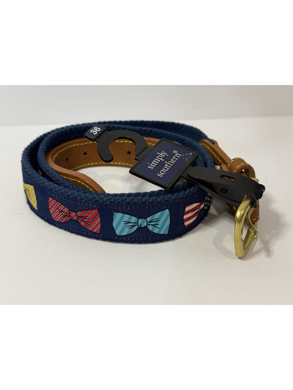 Men's Size 36 Simply Southern Collection Bow Tie Patterned Canvas/Leather Belt